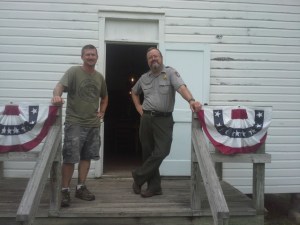 Me, along with one of the coolest people I have the pleasure of knowing, National Park Service Ranger Bill O'Donnell, on the steps of the relocated Storys Creek School.